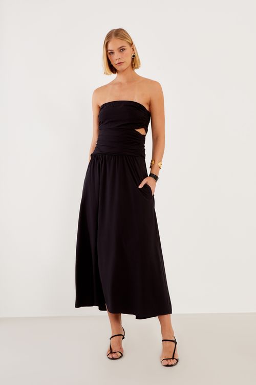 Vestido Longo Sem Alça Drapeado - Preto