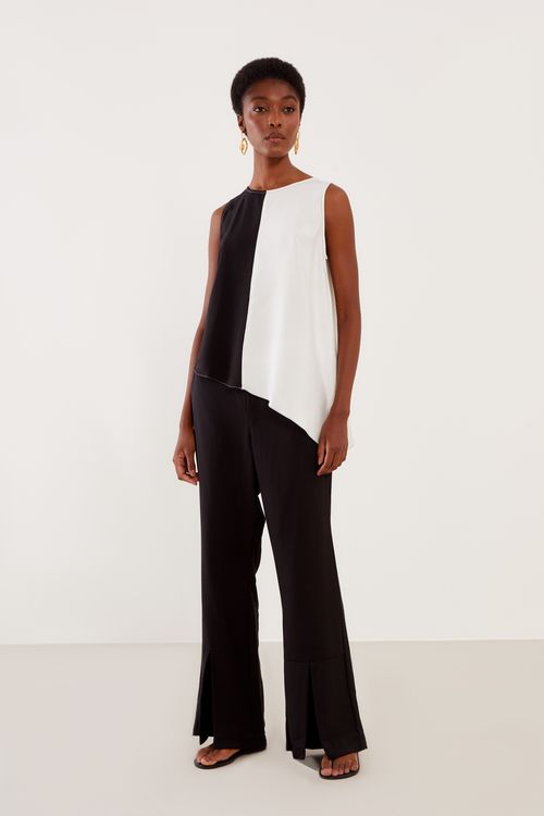 Calça Bicolor Fenda Frente - Preto