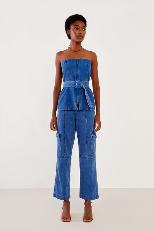 Top Jeans Sem Alça Cinto - Jeans