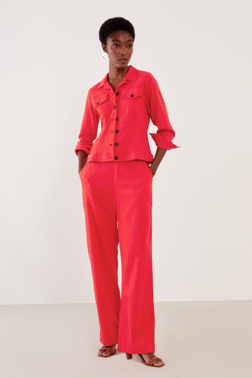 Calça Linho Com Elástico - Vermelho Framboesa