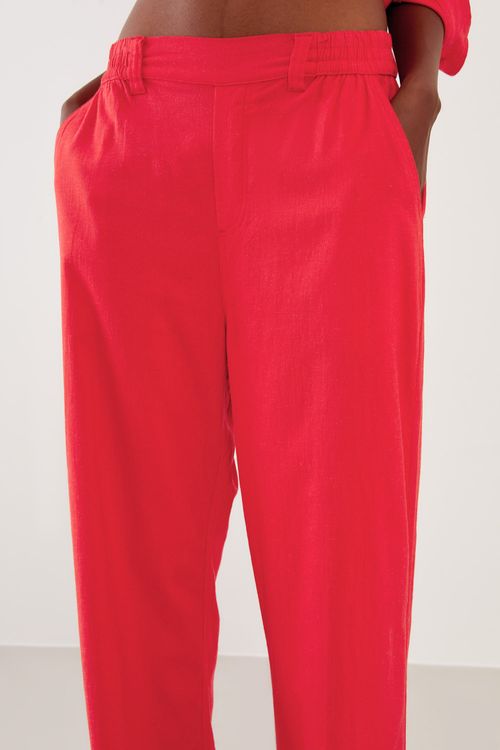 Calça Linho Com Elástico - Vermelho Framboesa