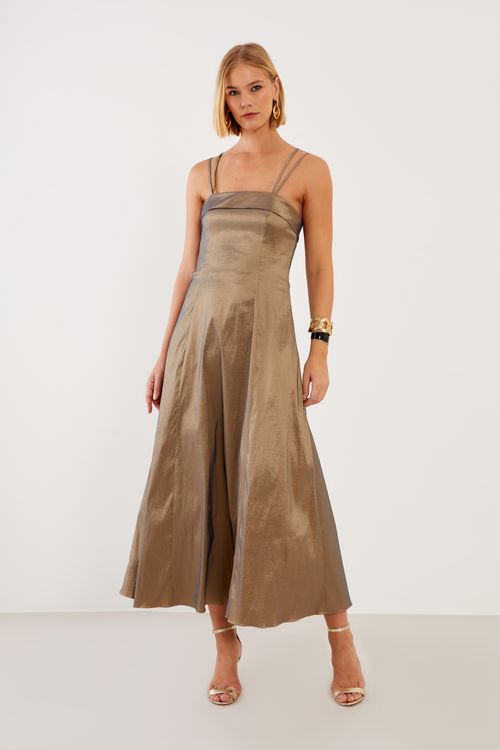 Vestido Longo Tafetá Trançado - Ouro