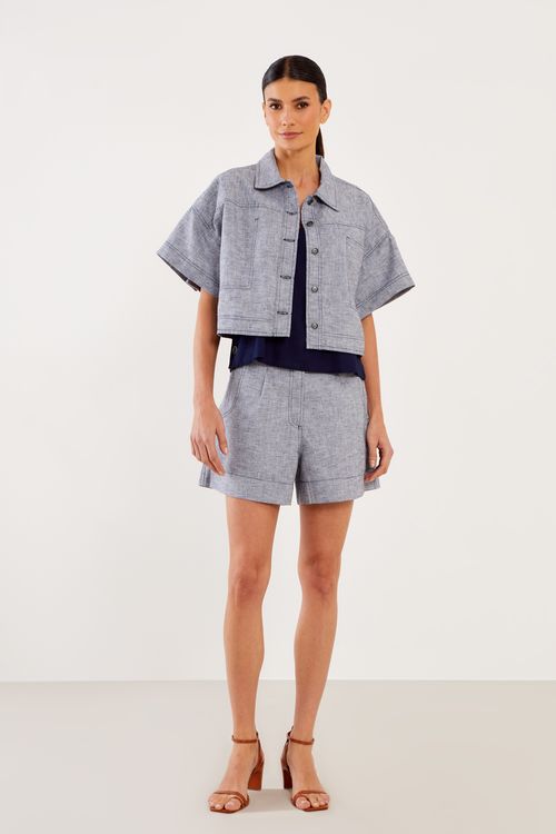 Short Mescla Com Prega - Azul Marinho