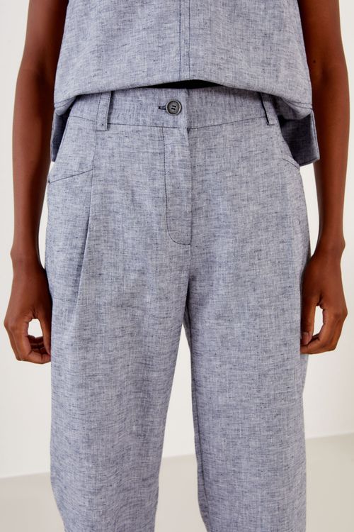 Calça Reta Mescla Com Prega - Azul Marinho