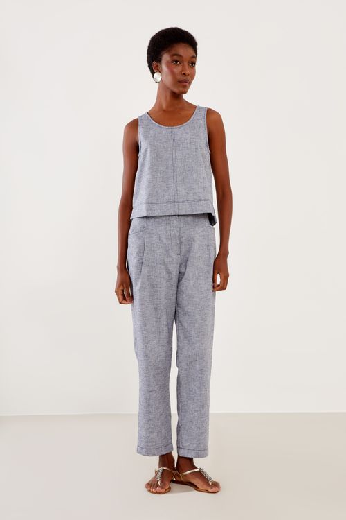 Blusa Reta Decote Canoa Pespontos - Azul Marinho