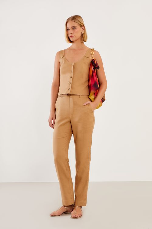 Calça Linho Rustic Com Cinto - Caqui Corda