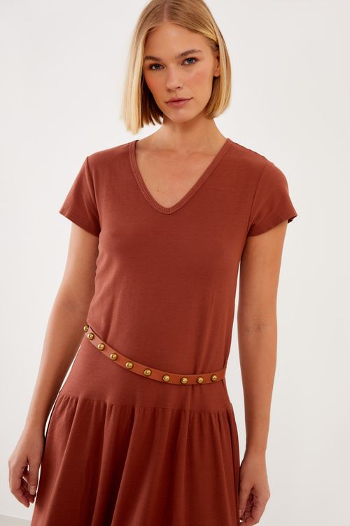 Vestido Malha T-Shirt Recorte - Marrom Ceramica