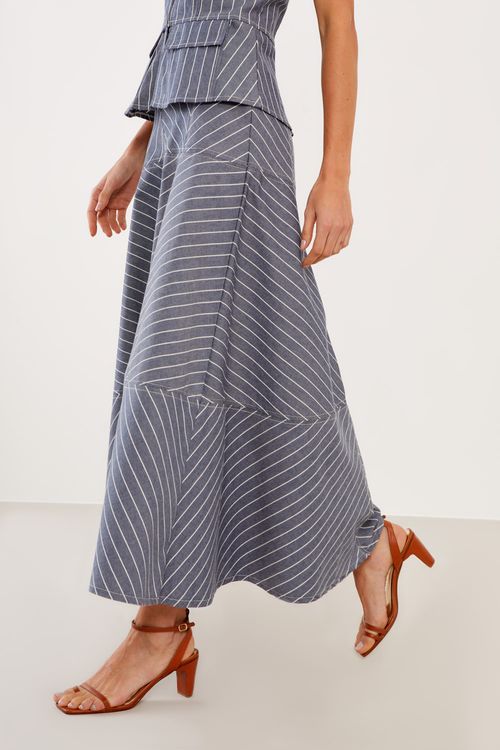 Saia Jeans Recortes Risca Giz - Jeans