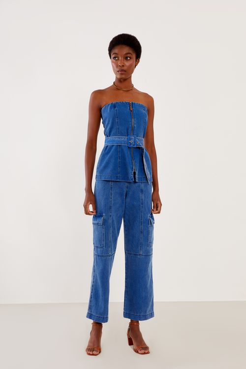 Calça Jeans Cargo Com Recortes - Jeans