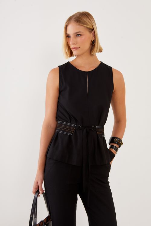 Blusa Linho Pesponto Color - Preto