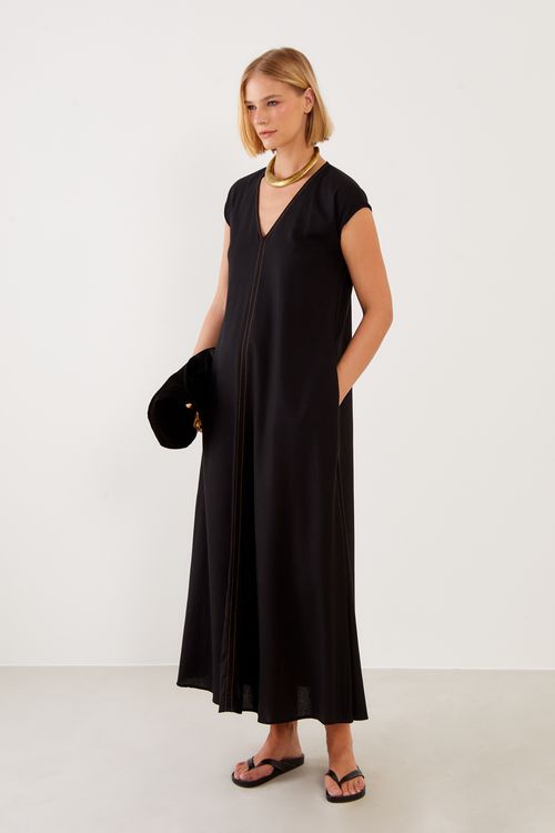 Vestido Longo Linho Pesponto Color - Preto