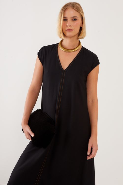 Vestido Longo Linho Pesponto Color - Preto