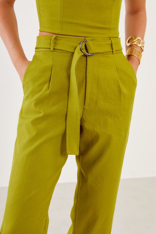 Calça Alfaiataria Faixa Com Fivela - Verde Olive