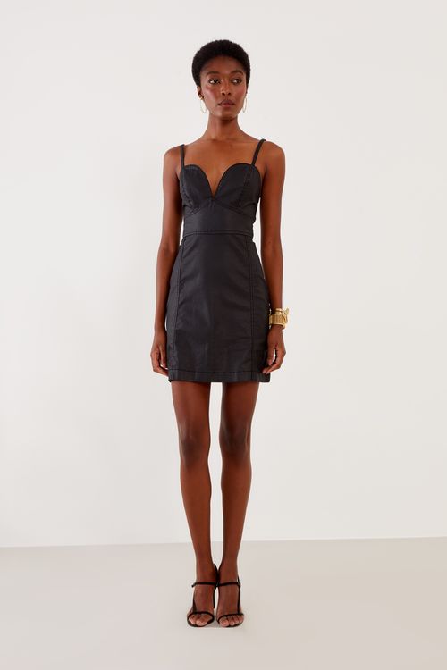 Vestido Sarja Resinada Alças - Preto
