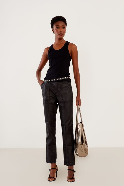 Calça Sarja Resinada Com Recortes - Preto