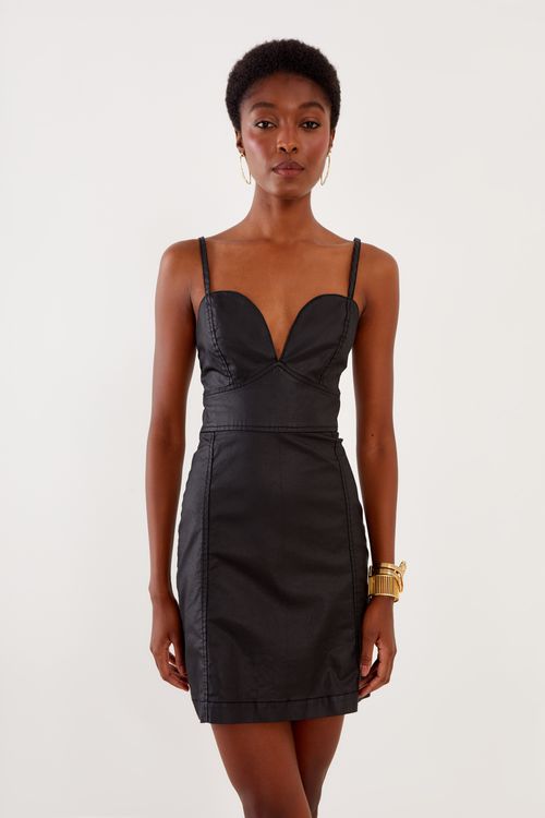 Vestido Sarja Resinada Alças - Preto