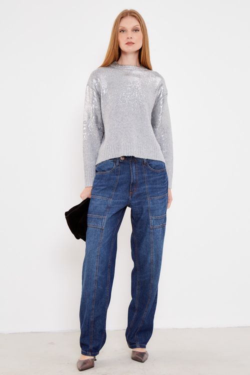 Blusa Manga Longa Foil Tricot - Cinza Mescla