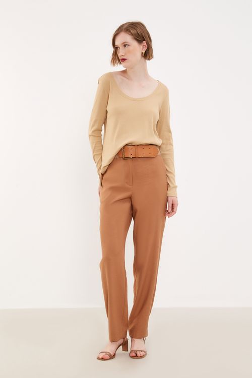 Blusa Malha Básica Canelado - Bege New