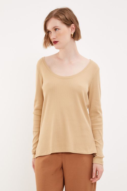 Blusa Malha Básica Canelado - Bege New