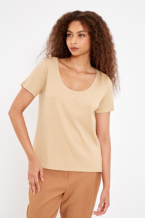 T-Shirt Malha Basica Mga Media - Bege New