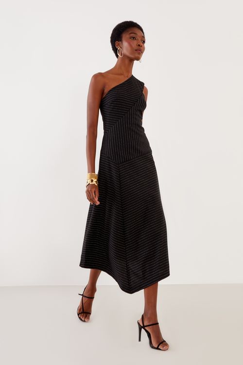 Vestido Malha Risca Lurex - Preto