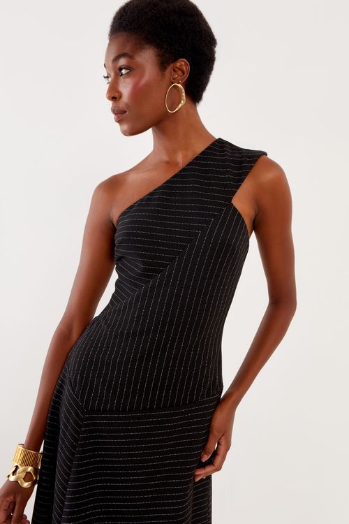 Vestido Malha Risca Lurex - Preto
