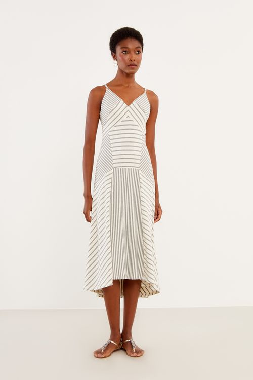 Vestido Malha Recortes Listras - Mescla / Off White