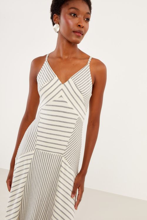 Vestido Malha Recortes Listras - Mescla / Off White