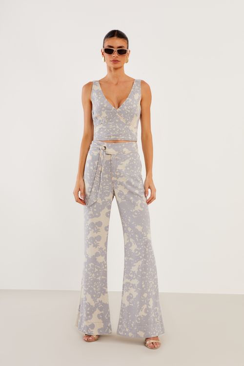 Calça Pantalona Estampa Buquê - Est Buque Cinza