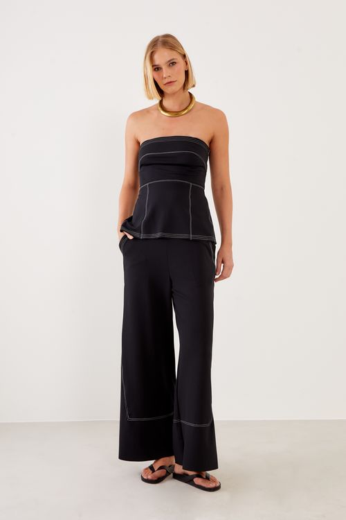 Top Malha Sem Alças Pesponto - Preto