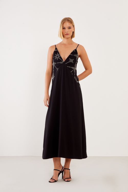 Vestido Longo Busto Bordado - Preto