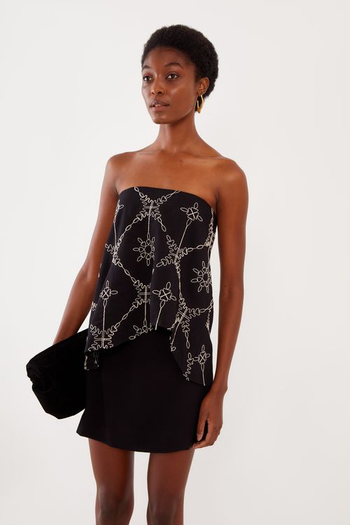 Blusa Sem Alças Bordado Assimétrica - Preto