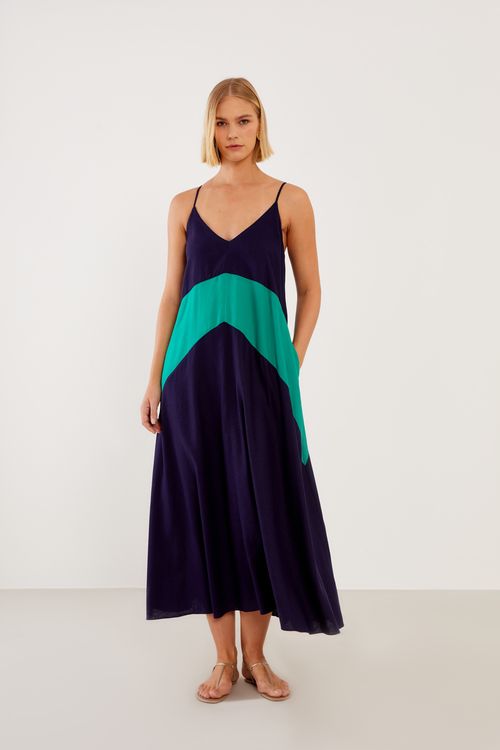 Vestido Longo Bicolor Linho - Azul Marinho