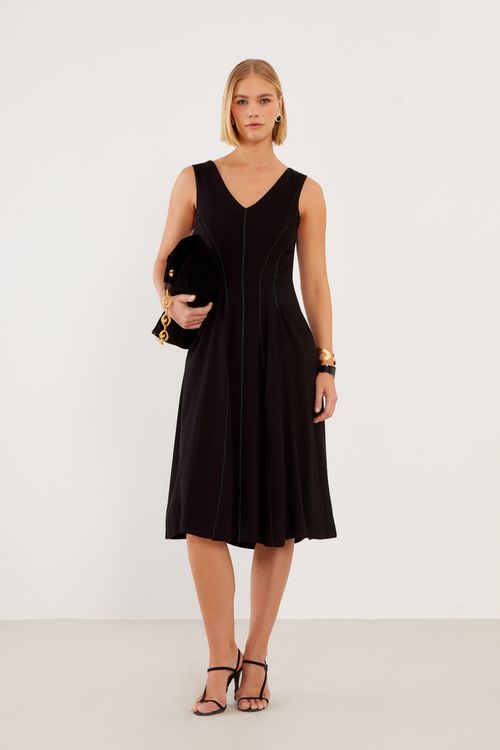 Vestido Pesponto Midi - Preto