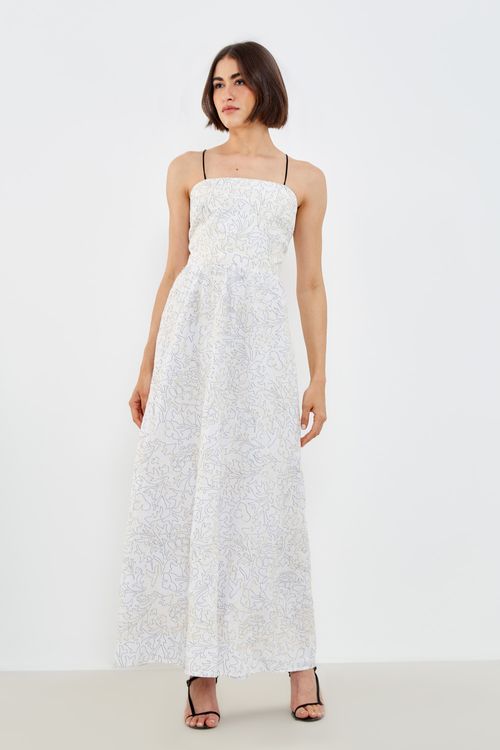 Vestido Longo Bordado Line - Off/Preto