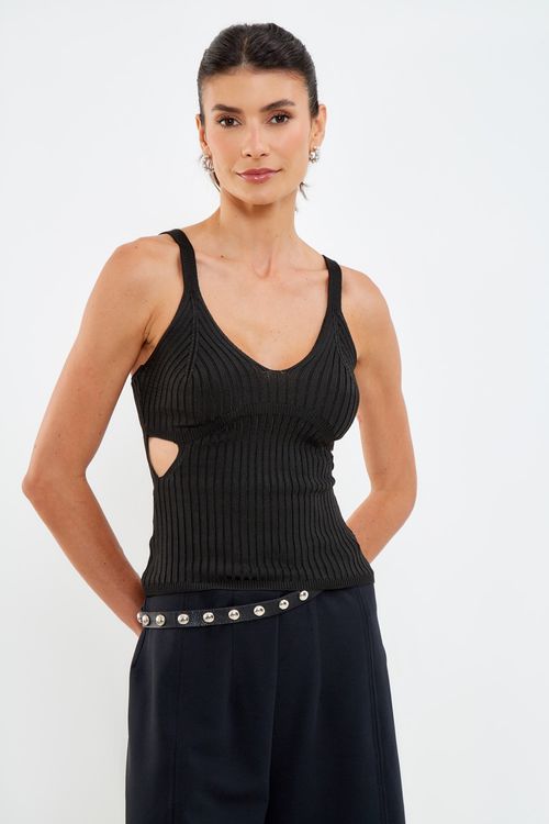 Regata Tricot Rayon Recortes - Preto