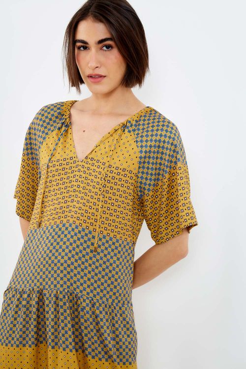 Vestido Midi Estampa Tibet Manga Curta - Est Tibet Listra