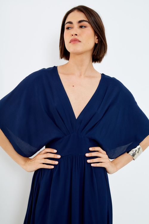Vestido Longo Pala em v - Azul Marinho Colors
