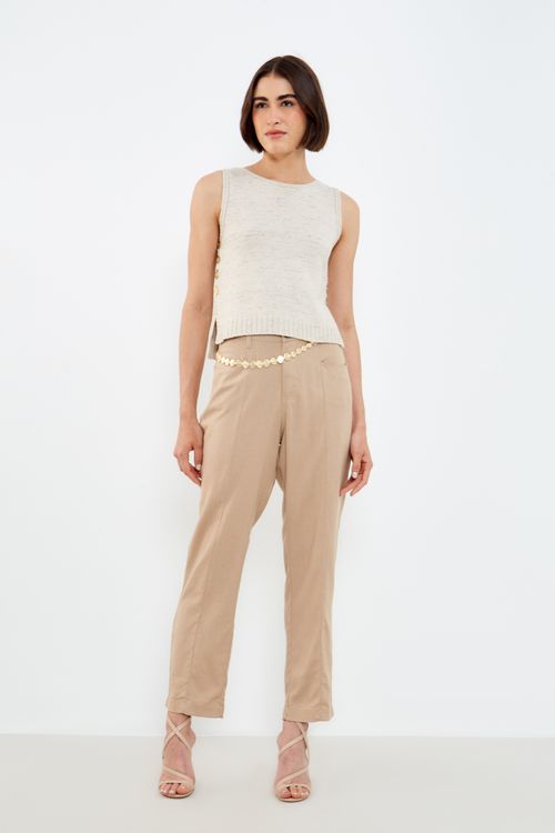 Calça Reta Recortes Pespontos - Bege Nativa