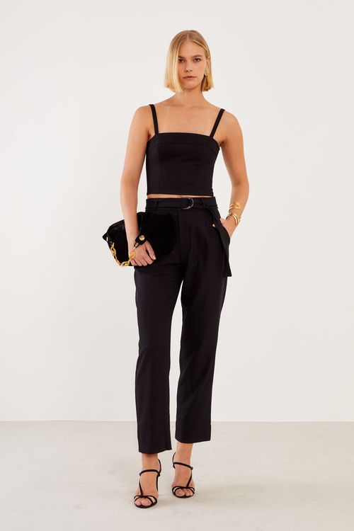 Calça Alfaiataria Faixa Com Fivela - Preto