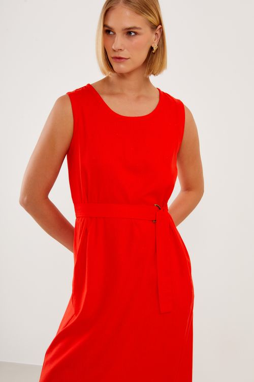 Vestido Midi Linho Com Faixa - Vermelho Up
