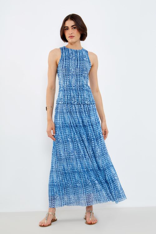 Saia Tule Estampa Blue Square - Est Blue Square