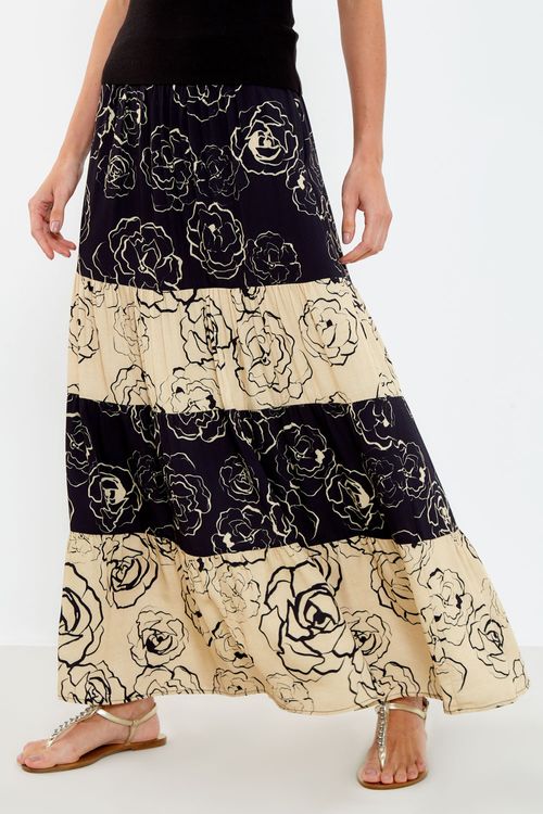 Saia Midi Estampa Mix Roses - Est Roses Off