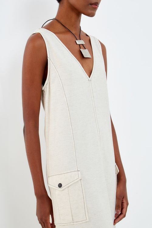Vestido Midi Pespontos Duplo - Cru