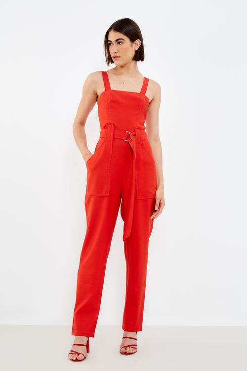 Macacão Longo Decote Quadrado - Vermelho Delfos