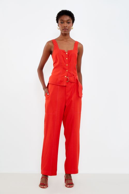 Calça Reta Com Faixa Pespontos - Vermelho Delfos
