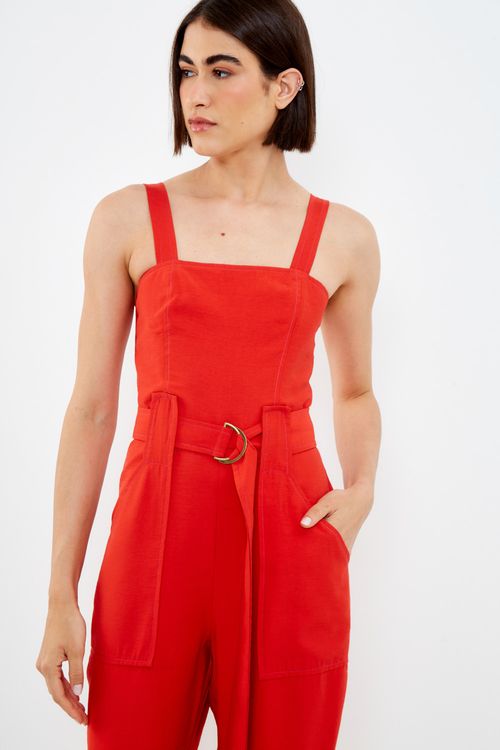 Macacão Longo Decote Quadrado - Vermelho Delfos