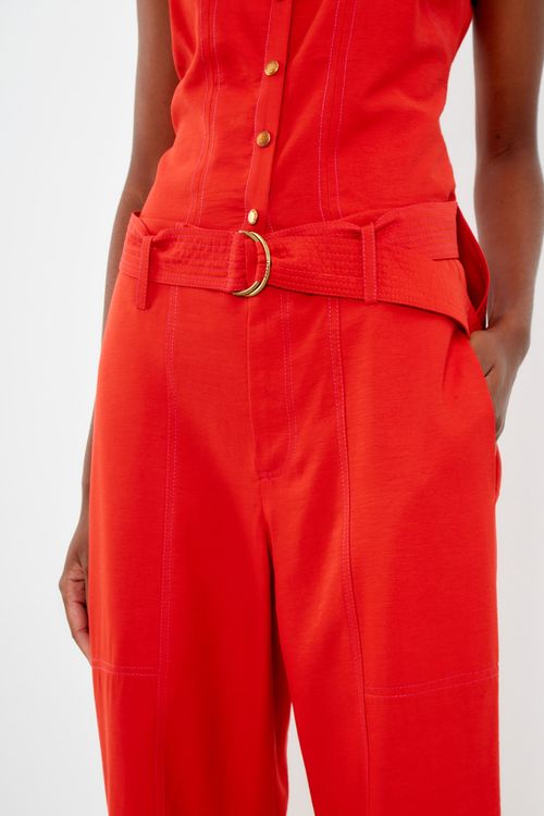 Calça Reta Com Faixa Pespontos - Vermelho Delfos