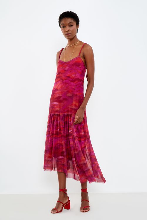 Vestido Tule Alça Estampa Fúcsia - Est Fucsia