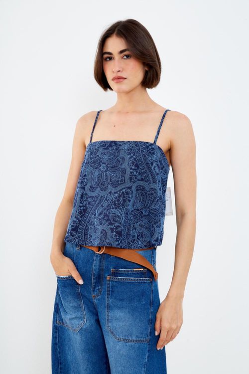 Blusa Alça Bordado Peace - Azul Marinho